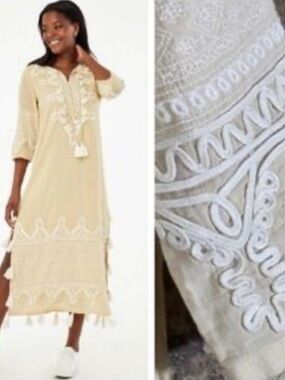 Roller Rabbit Maxi Dress Kaftan Boho Cover Up Tunic Beige Tassels Embroidered L